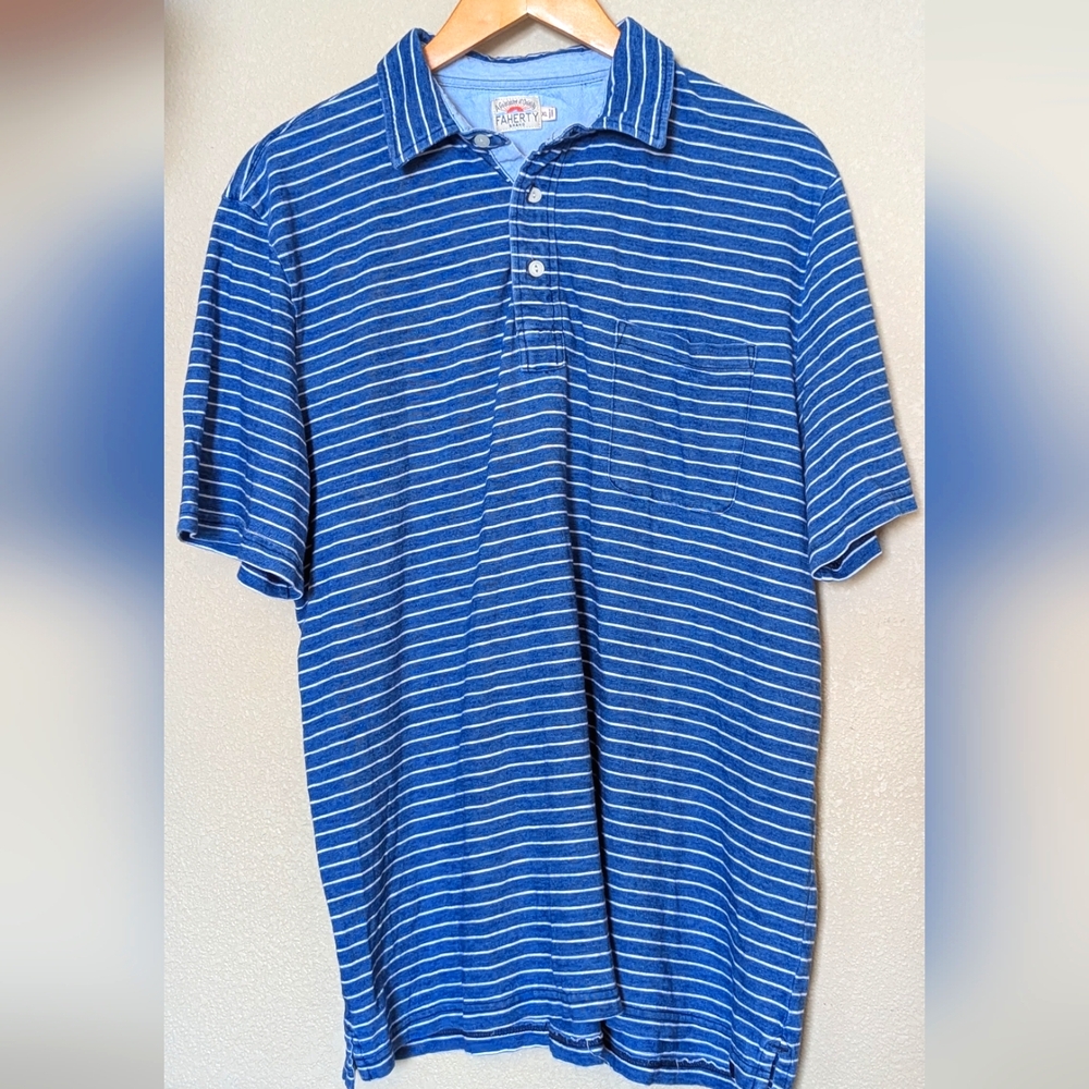 FAHERTY Blue Striped Golf Polo Men's XL Cotton Casual Beach Athleisure